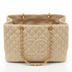 Large Straw Shopping Tote - Woven Raffia Beige & Gold Hardware