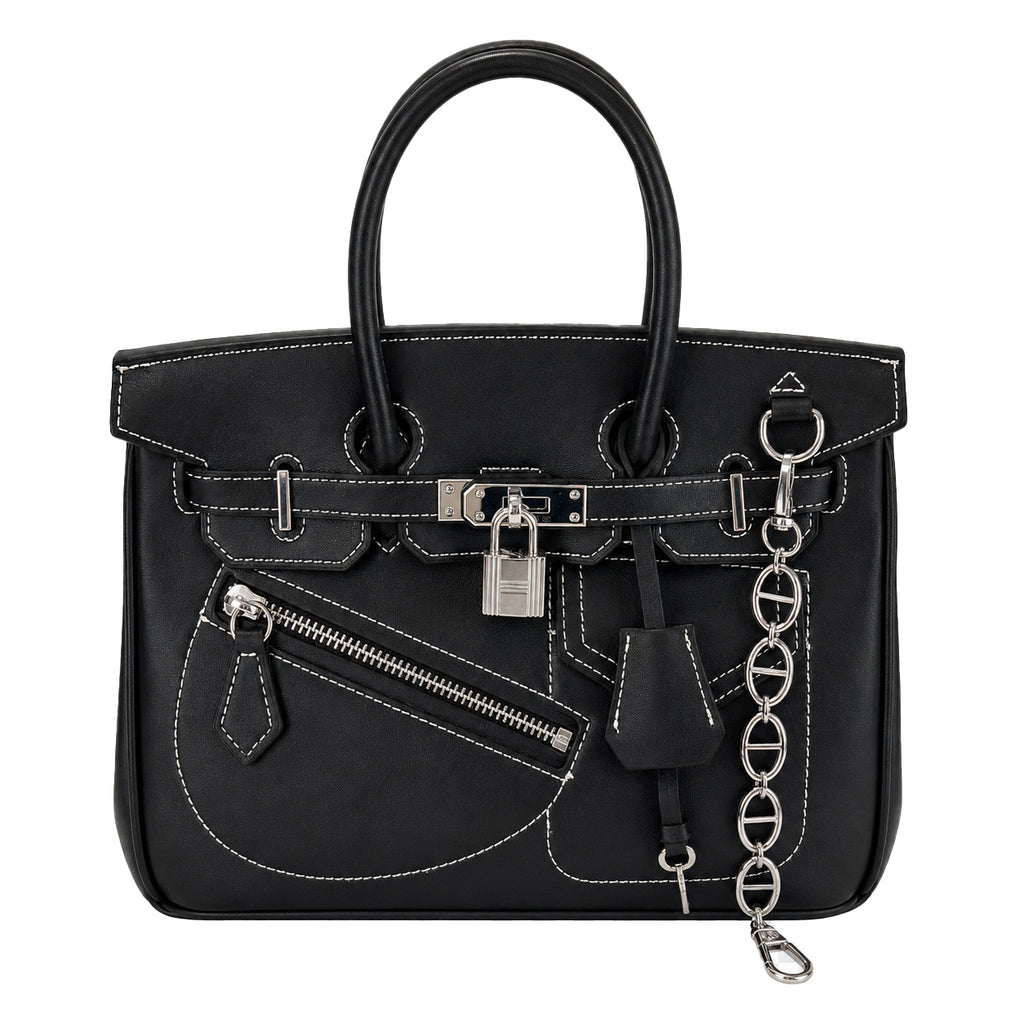 Top Handle Tote 25 - Black Textured Leather & Palladium Hardware
