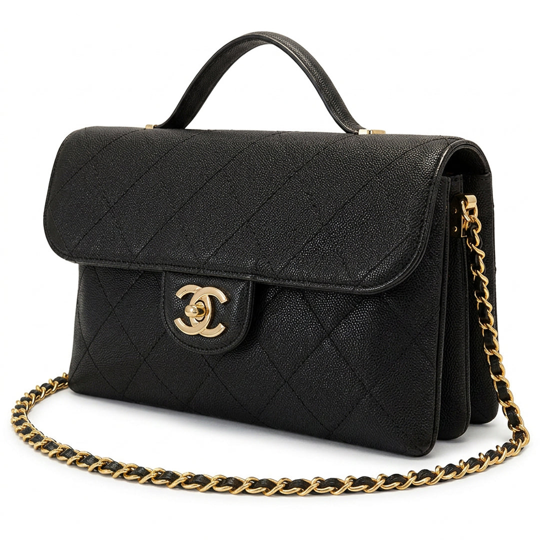 Quilted Top Handle Business Bag - Black Grained Quilted Calfskin