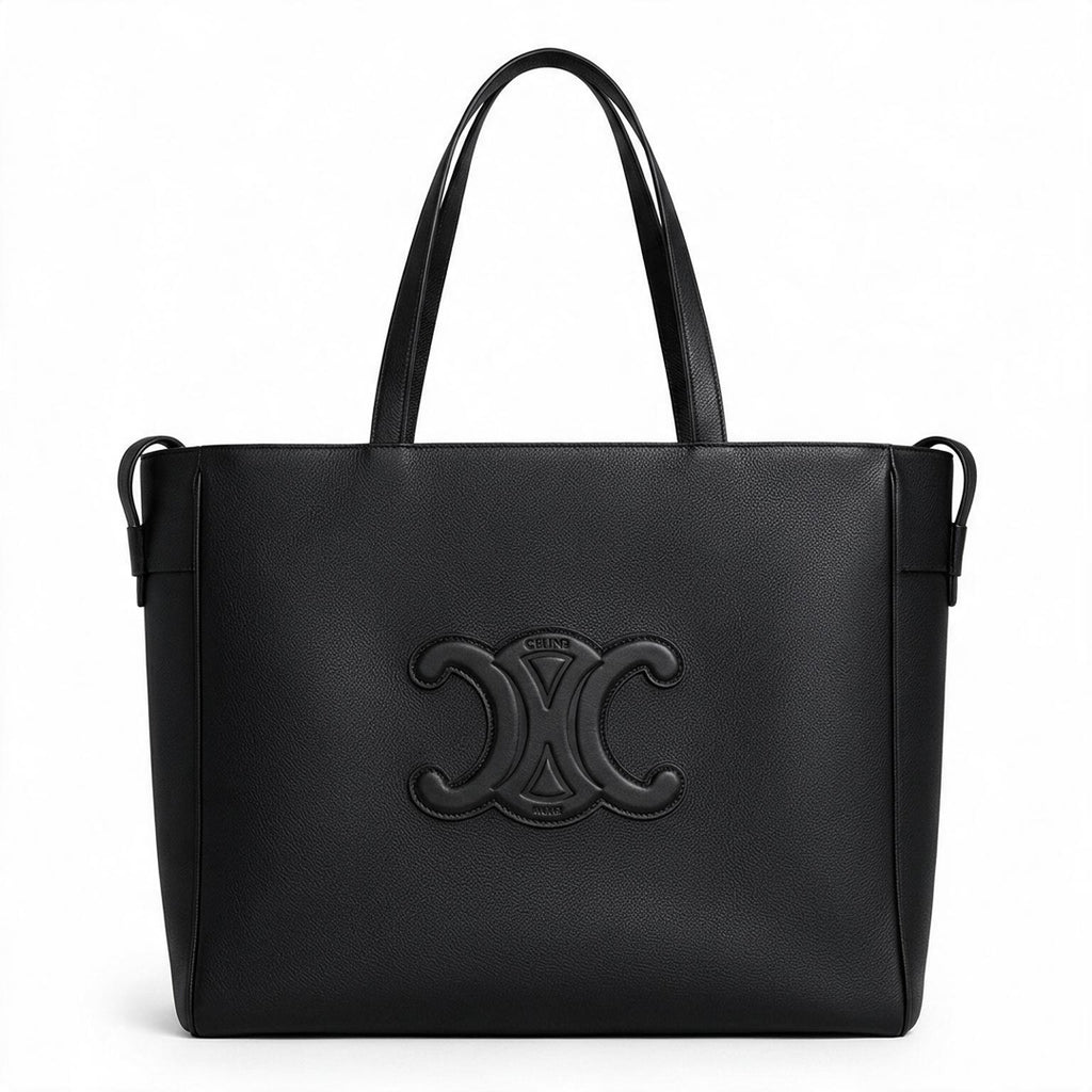 Medium Structured Cabas Tote - Black Grained Calfskin & Logo Emboss