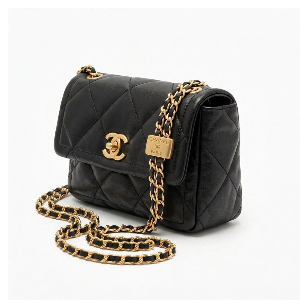 Mini Top Handle Flap Bag - Black Lambskin & Gold-Tone Metal