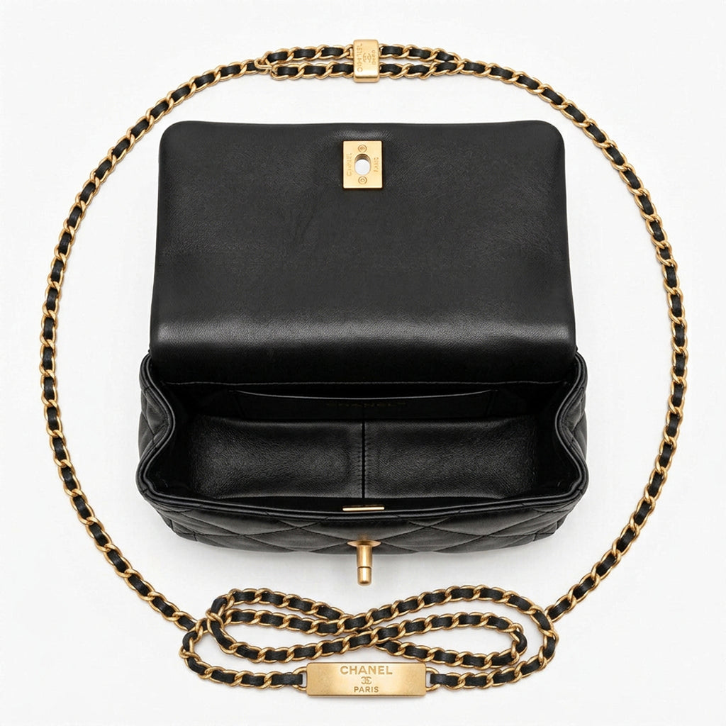 Mini Top Handle Flap Bag - Black Lambskin & Gold-Tone Metal