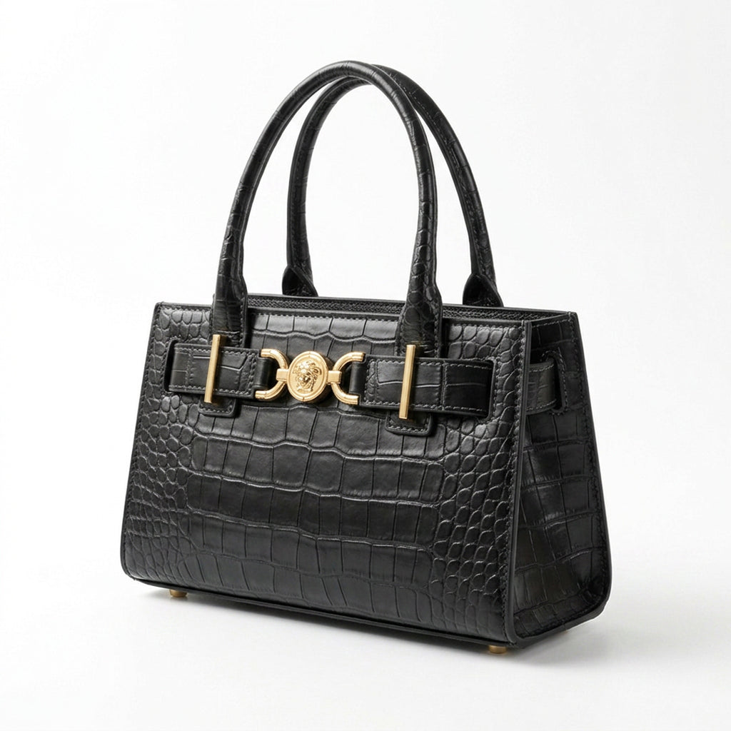 Croc-Embossed Small Tote - Black Croc-Effect Embossed Leather