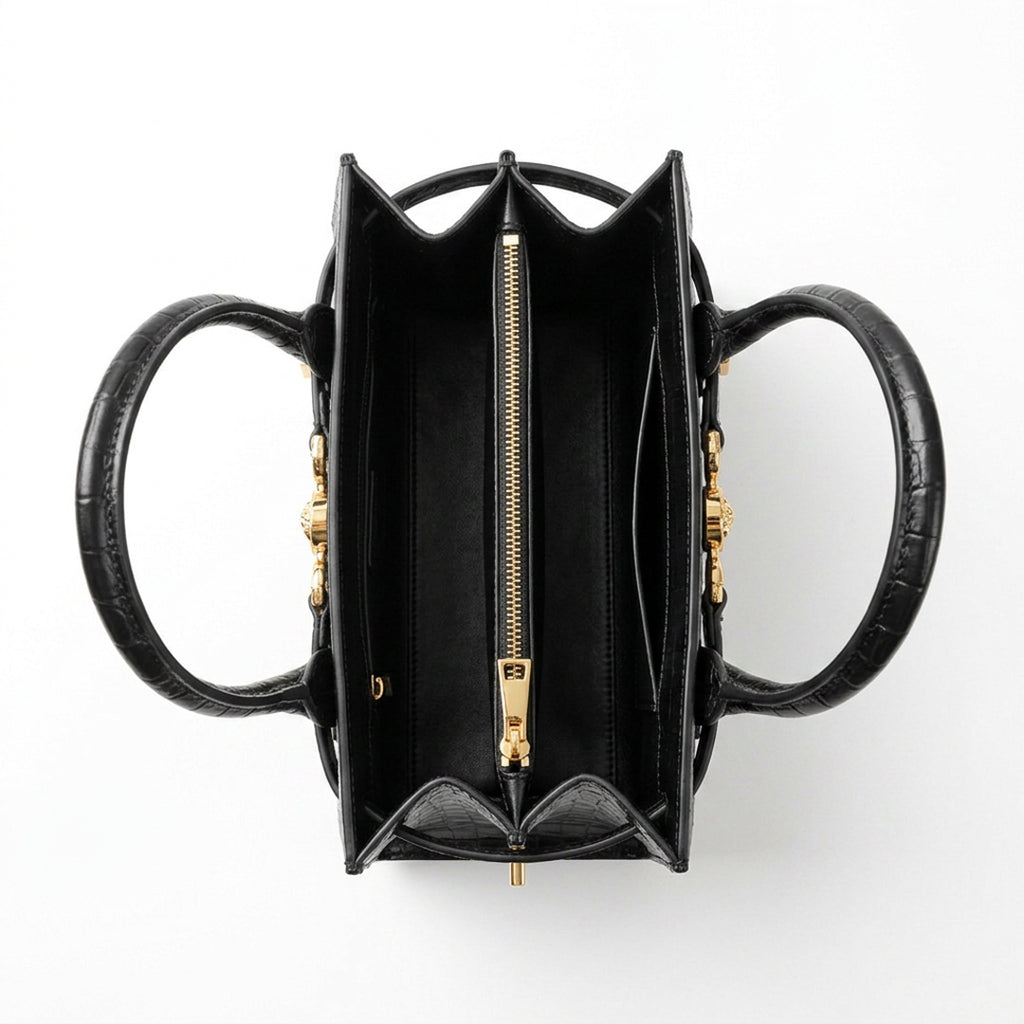 Croc-Embossed Small Tote - Black Croc-Effect Embossed Leather