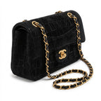 Vintage Double Flap Shoulder Bag - Black Croc-Embossed Suede & Velvet