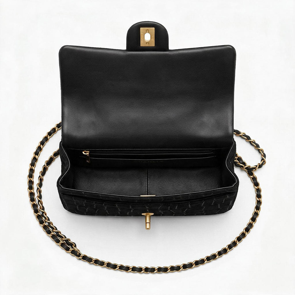 Vintage Double Flap Shoulder Bag - Black Croc-Embossed Suede & Velvet