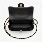 Vintage Double Flap Shoulder Bag - Black Croc-Embossed Suede & Velvet