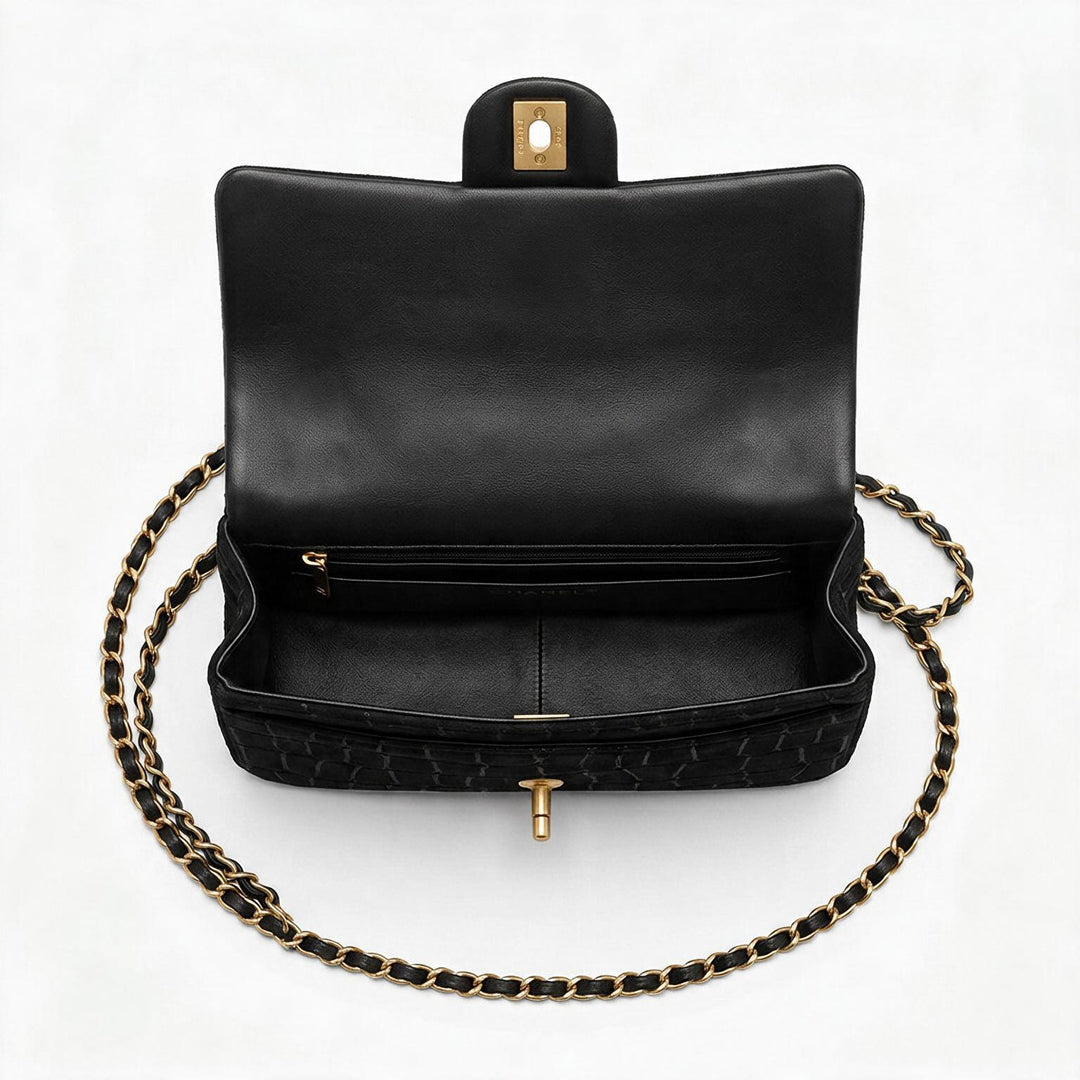 Vintage Double Flap Shoulder Bag - Black Croc-Embossed Suede & Velvet