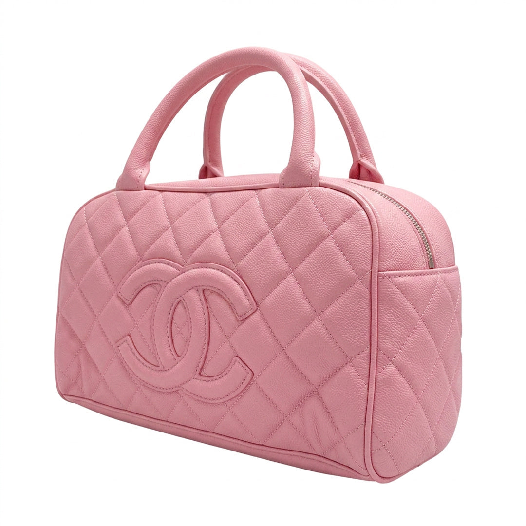Vintage Grained Leather Bowler Bag - Pink Quilted Grained Leather