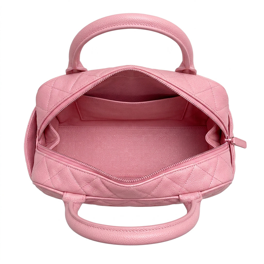 Vintage Grained Leather Bowler Bag - Pink Quilted Grained Leather