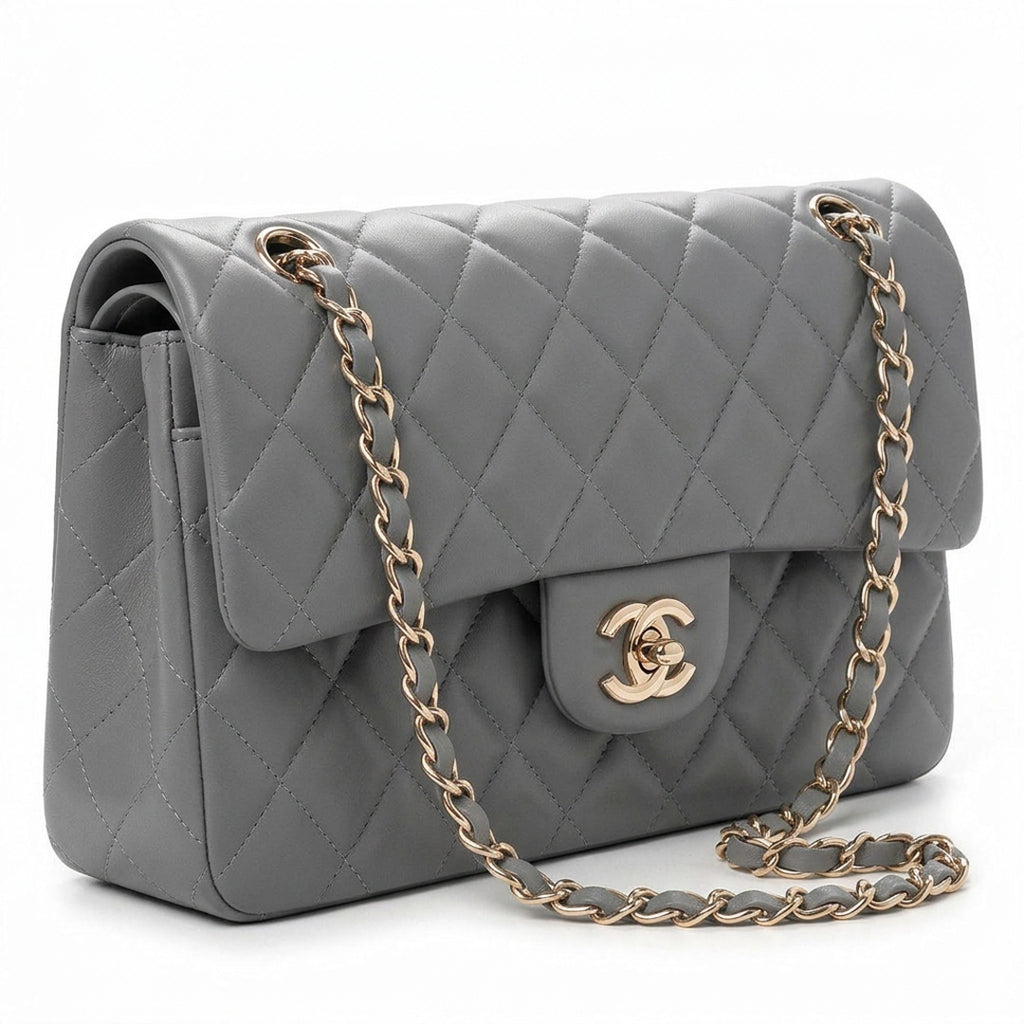 Medium Double Flap Shoulder Bag - Grey Lambskin & Gold Hardware