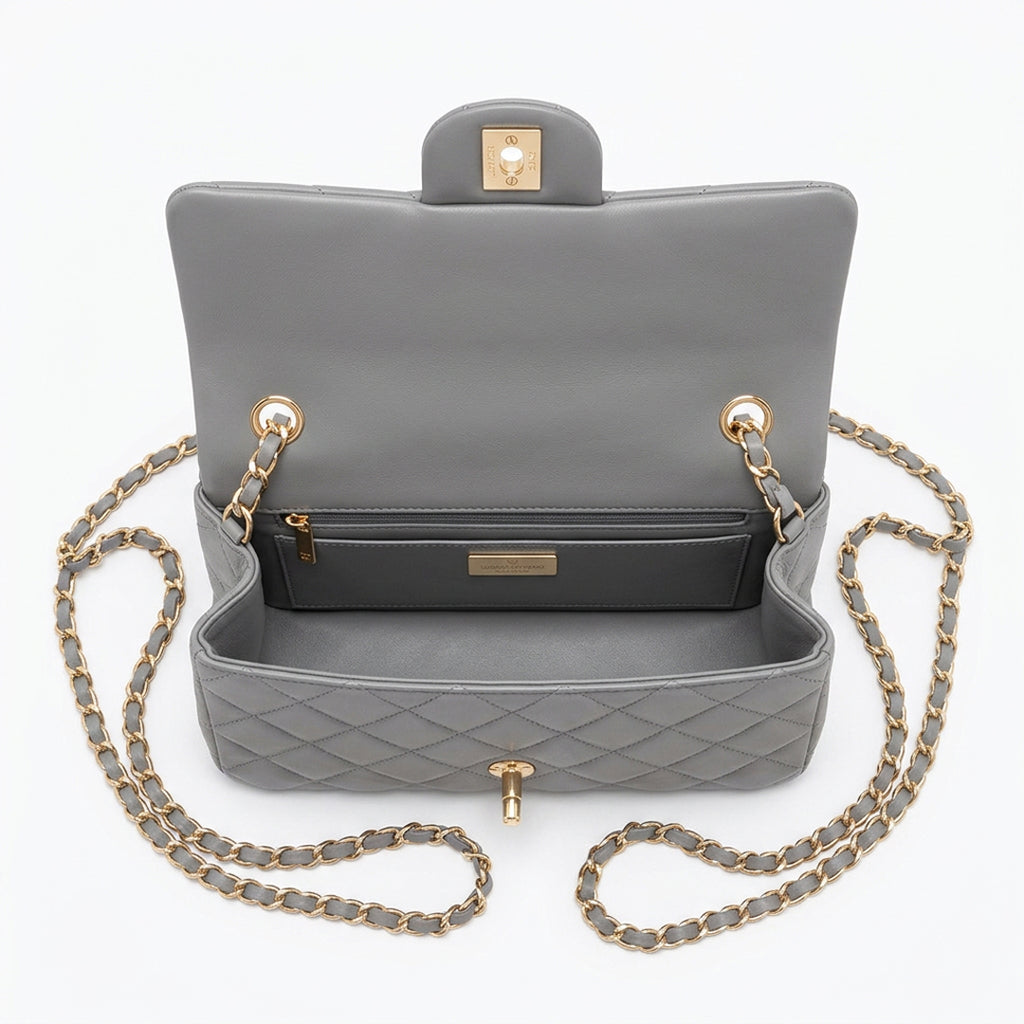 Medium Double Flap Shoulder Bag - Grey Lambskin & Gold Hardware