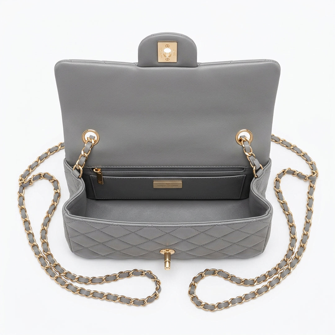 Medium Double Flap Shoulder Bag - Grey Lambskin & Gold Hardware