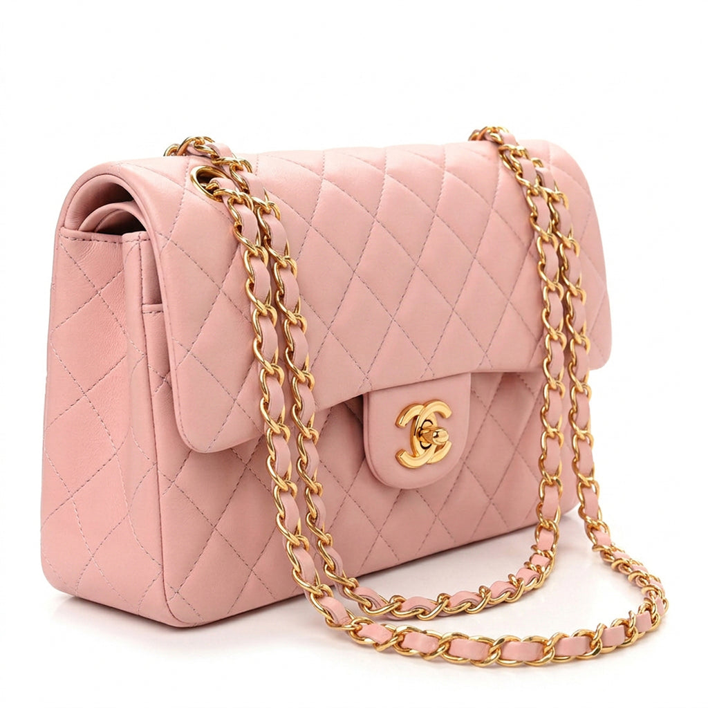 Medium Double Flap Shoulder Bag - Light Pink Lambskin & Gold Hardware