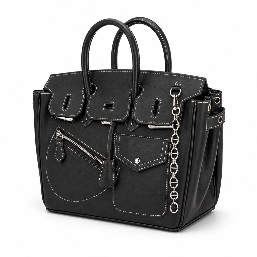 Noir Luxe Multi-Pocket Structured Tote Bag