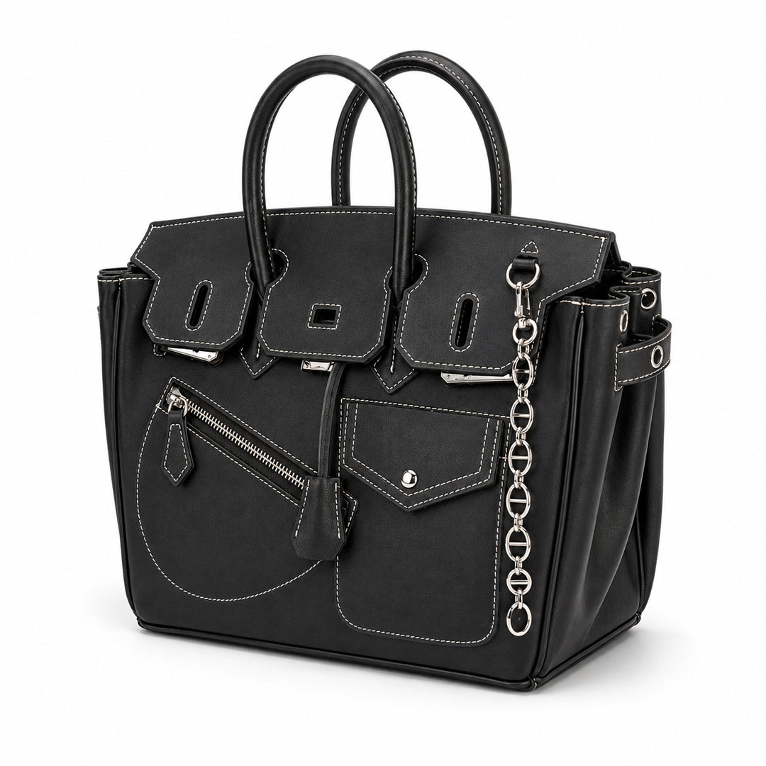 Noir Luxe Multi-Pocket Structured Tote Bag