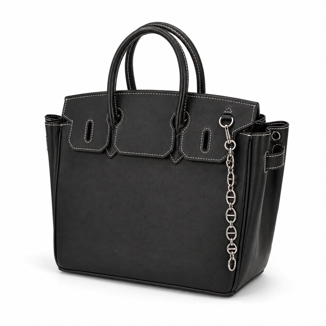 Noir Luxe Multi-Pocket Structured Tote Bag