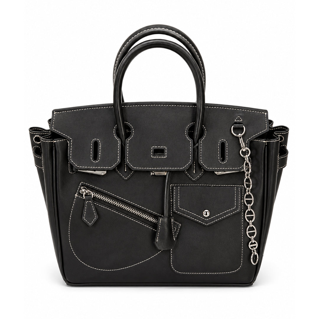 Noir Luxe Multi-Pocket Structured Tote Bag