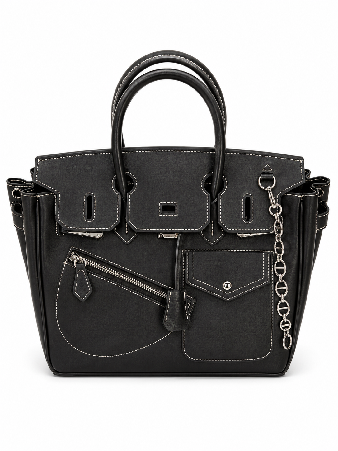 Noir Luxe Multi-Pocket Structured Tote Bag