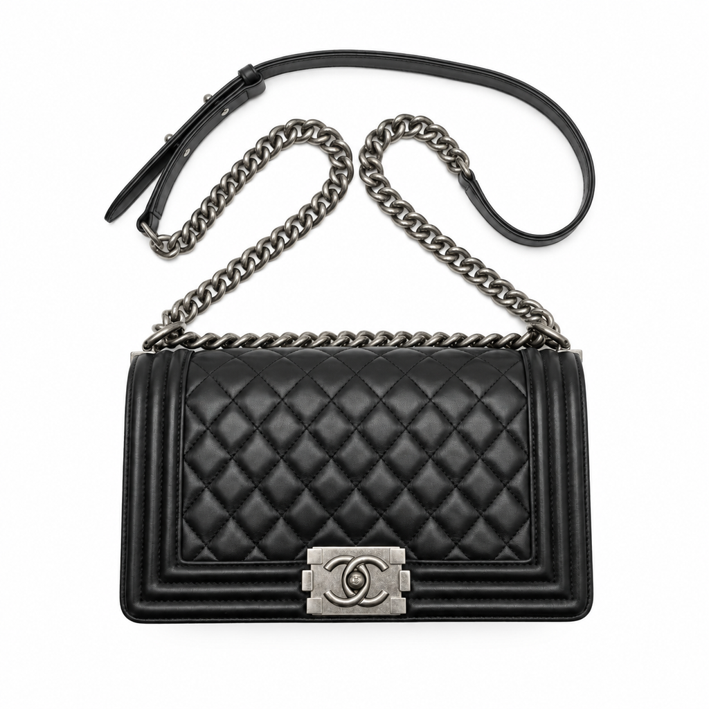 Boxy Quilted Flap Bag Medium - Black Quilted Grained Leather & Ruthenium Hardware