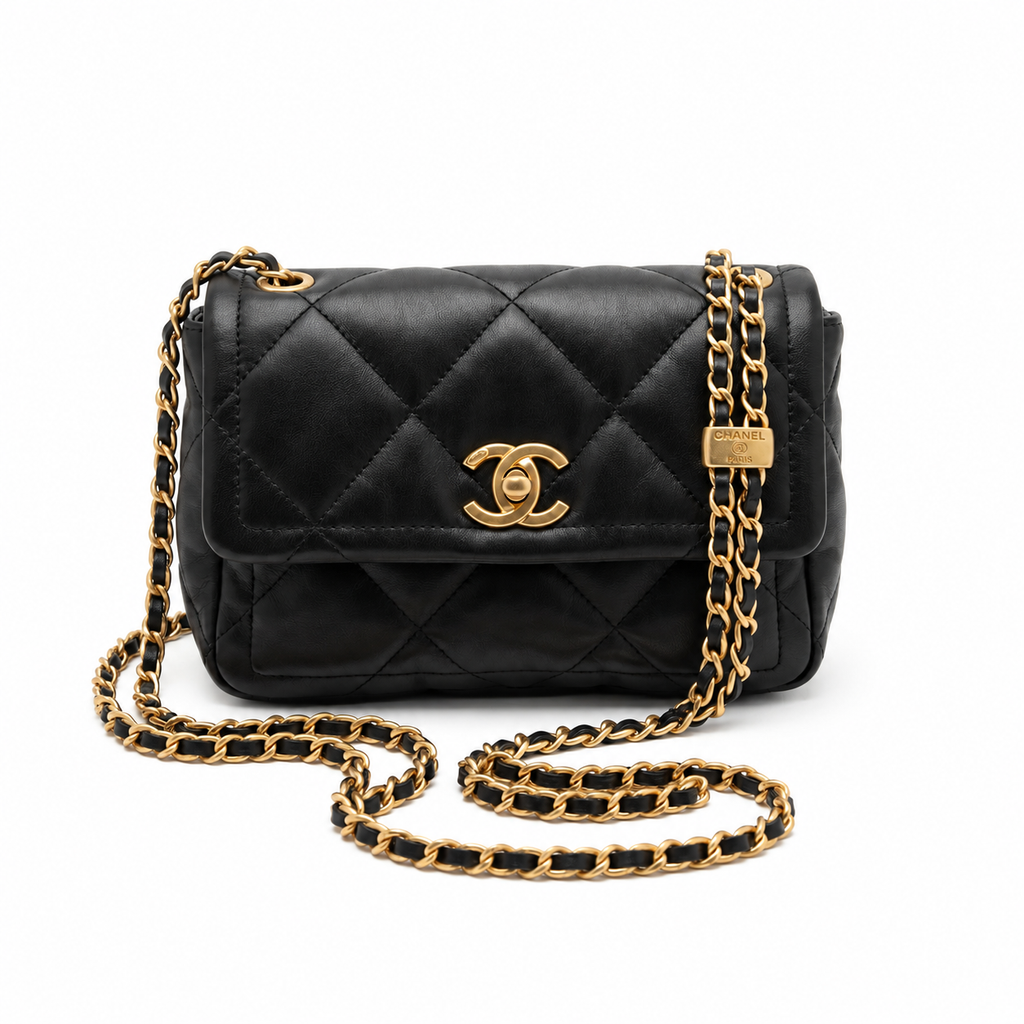Mini Top Handle Flap Bag - Black Lambskin & Gold-Tone Metal