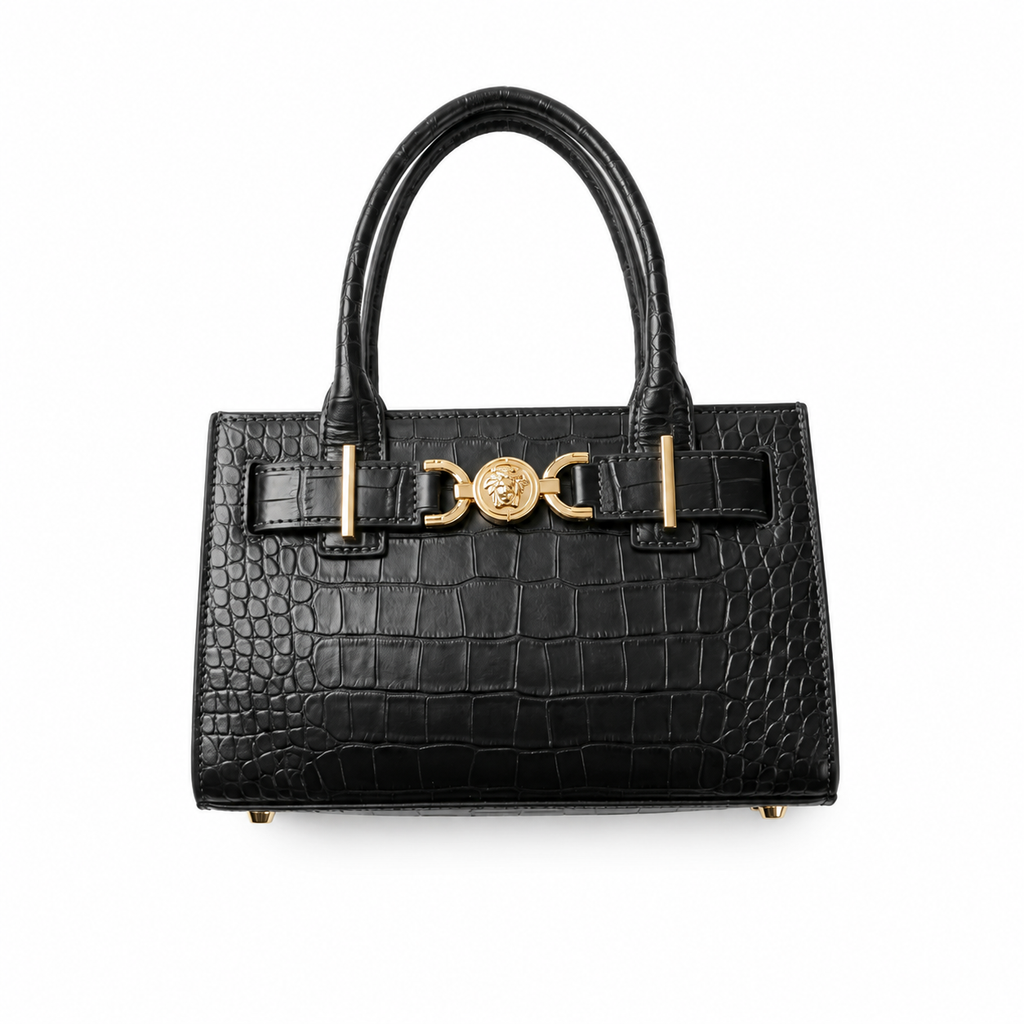 Croc-Embossed Small Tote - Black Croc-Effect Embossed Leather