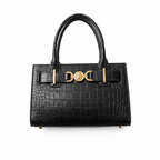 Croc-Embossed Small Tote - Black Croc-Effect Embossed Leather