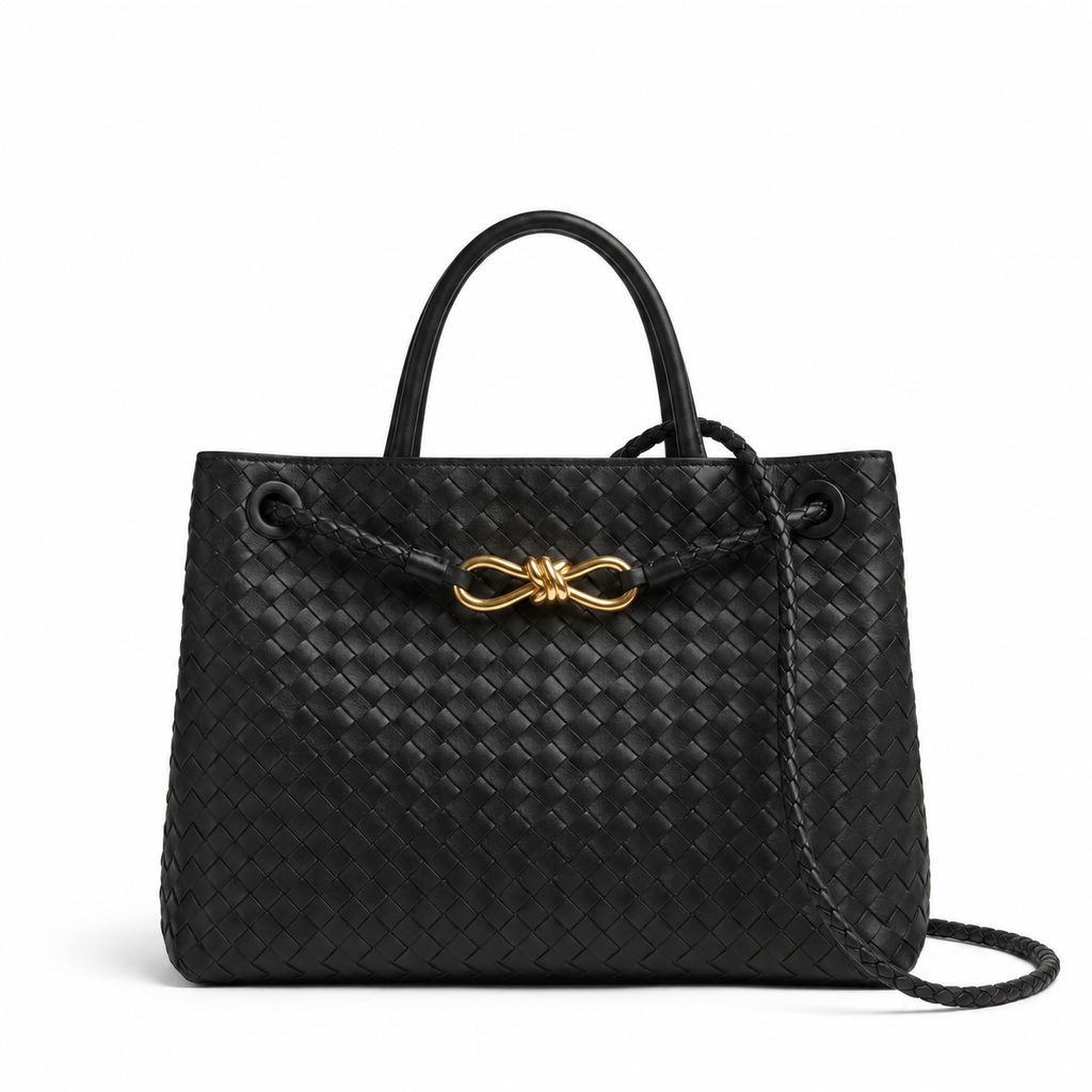 Small Woven Leather Top Handle Bag - Basketweave Woven Leather (Black)