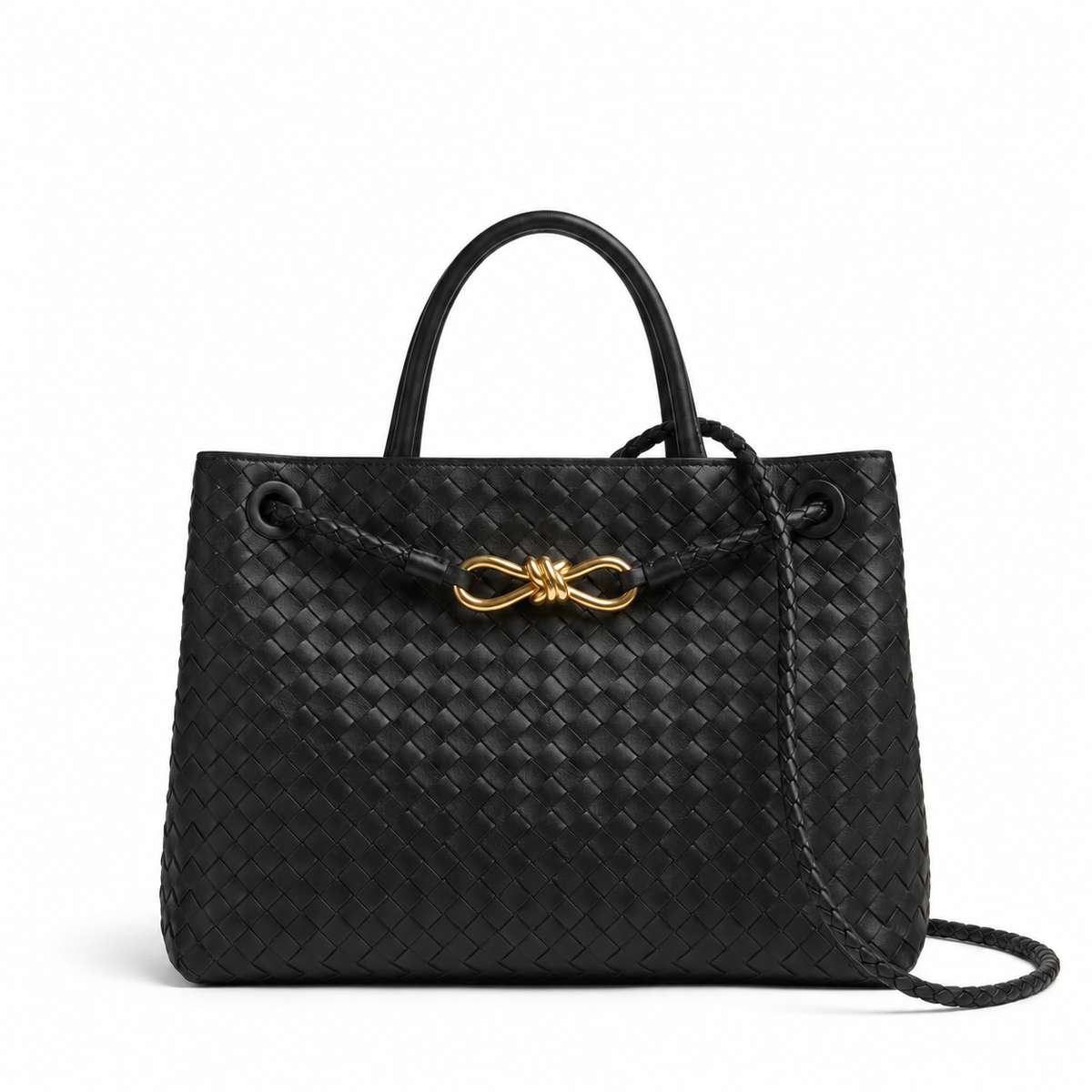Small Woven Leather Top Handle Bag - Basketweave Woven Leather (Black)