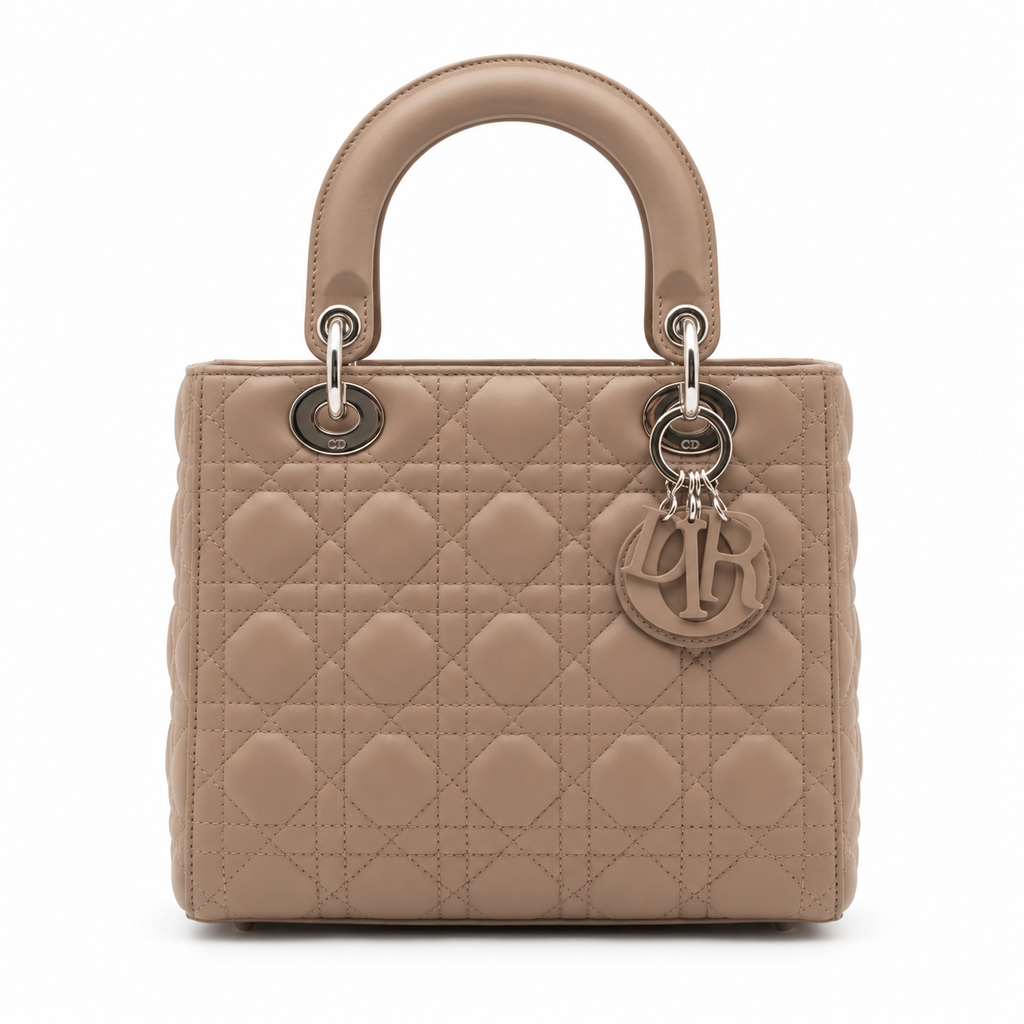 Medium Quilted Top Handle Bag - Beige Diamond-Quilted Lambskin & Silver Hardware