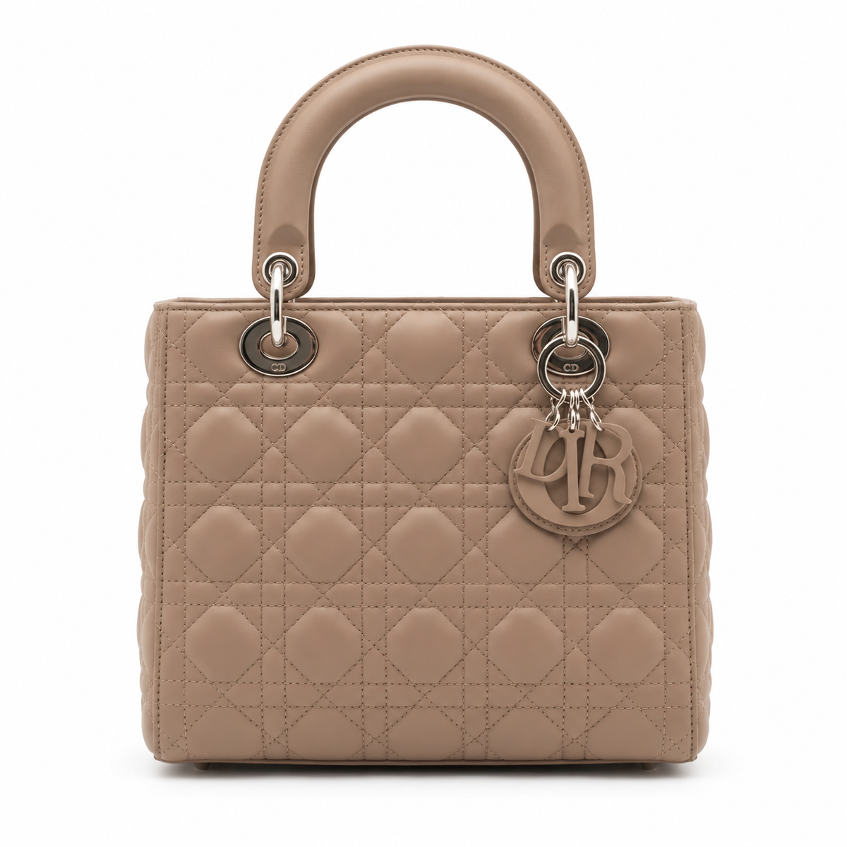 Medium Quilted Top Handle Bag - Beige Diamond-Quilted Lambskin & Silver Hardware