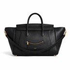 Winged Top Handle Bag - Black Drummed Calfskin & Gold Hardware