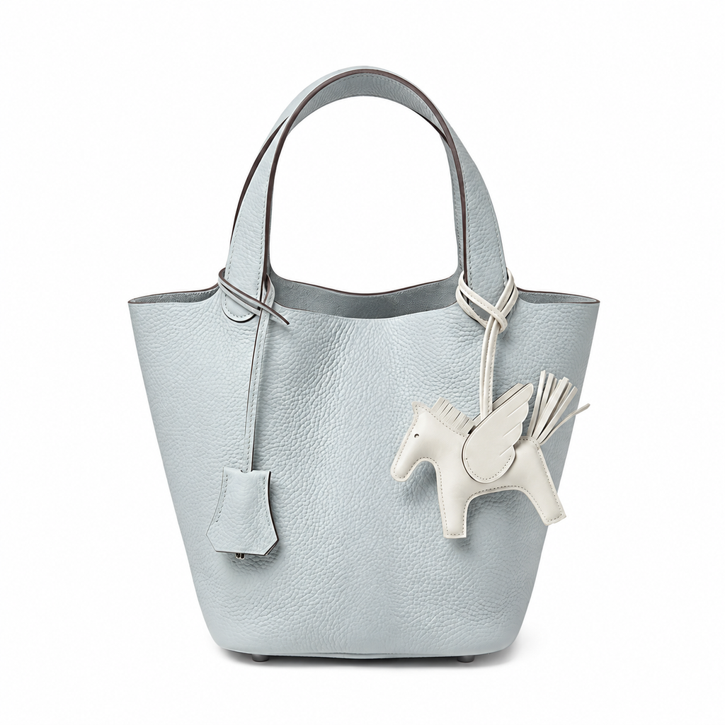 Bucket Tote 18 with Lock - Pale Blue Grained Calfskin & White Horse Charm